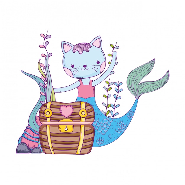 Vector cute purrmaid with treasure chest