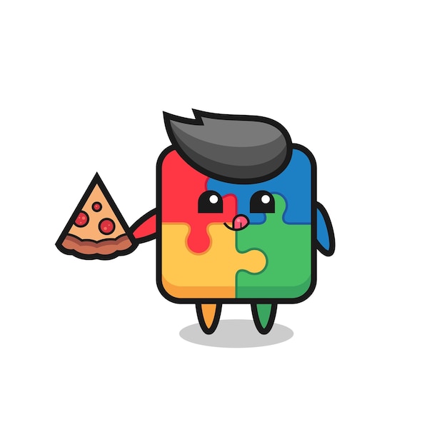 Cute puzzle cartoon eating pizza , cute style design for t shirt, sticker, logo element