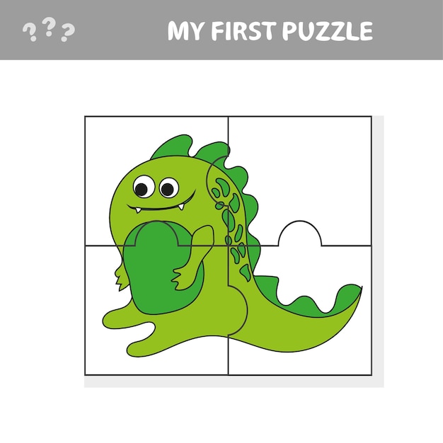 Simpatico gioco di puzzle. illustrazione vettoriale del gioco di puzzle con dinosauro felice del fumetto per i bambini