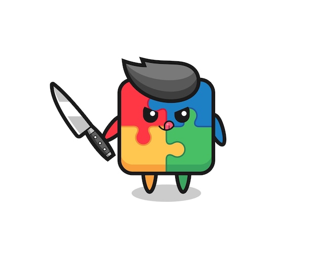 Cute puzzle mascot as a psychopath holding a knife , cute style design for t shirt, sticker, logo element