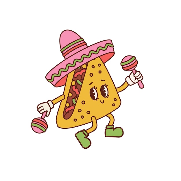 Симпатичный талисман кесадильи с мексиканской шляпой и маракасами. Векторная карикатура в модном винтажном мультяшном стиле 30-х годов талисман латиноамериканской кухни