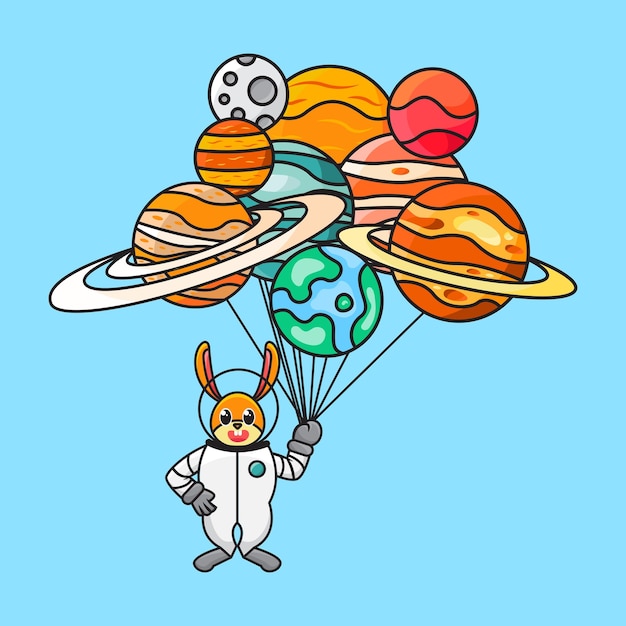 Cute rabbit astronaut holding planet balloon cartoon vector illustration