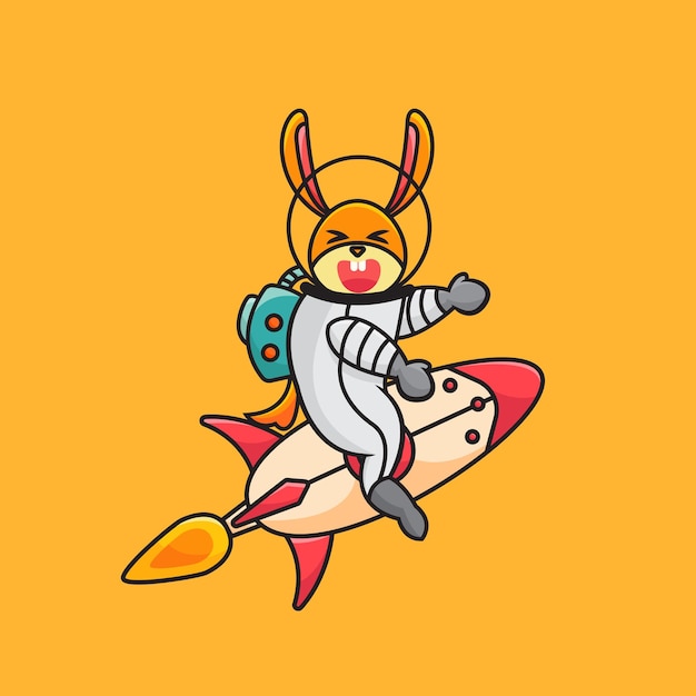 かわいいウサギの宇宙飛行士がロケットに乗って手を振る漫画アイコンイラスト