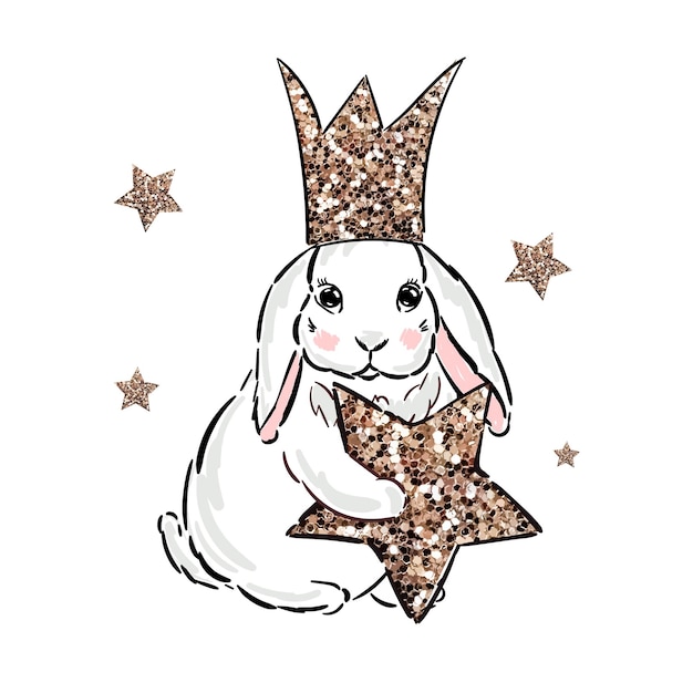 Vector cute rabbit baby bunny with crown and gold stars sweet print vector illustration design for fashion fabrics textile graphics prints