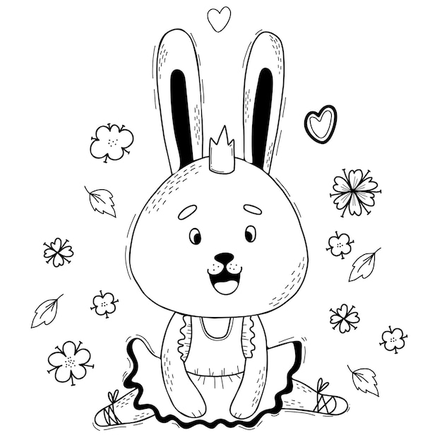 귀여운 토끼 발레리나는 선형 낙서 스타일의 드레스와 포인트 신발에 꼬기에 앉아 있습니다.