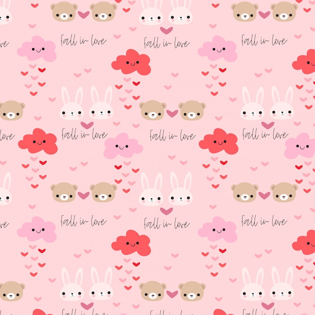 Cute rabbit and bear in love seamless pattern