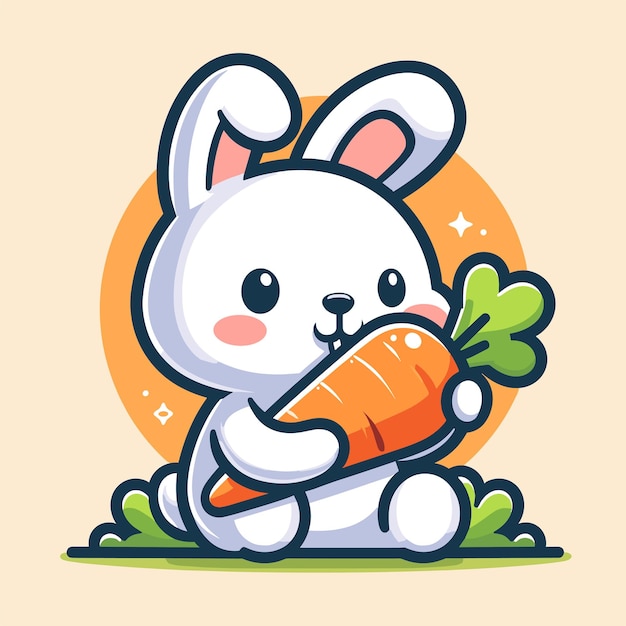 Вектор Милый кролик кусает морковку позу мультяшная плоская иллюстрация