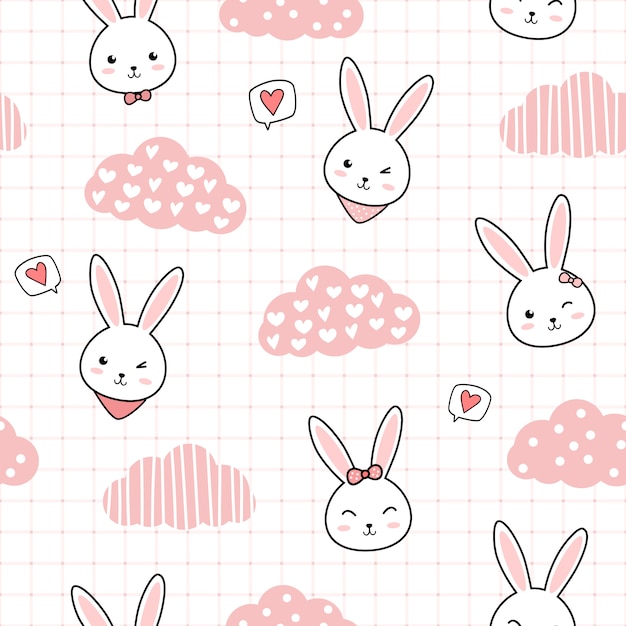 Cute rabbit bunny cartoon doodle seamless pattern