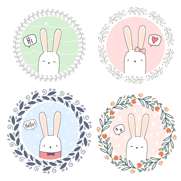 Cute rabbit bunny cartoon doodle wreath banner wallpaper