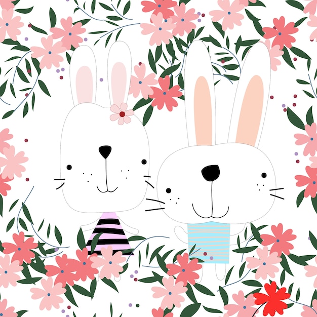 Cute rabbit bunny couple in flower garden seamless pattern