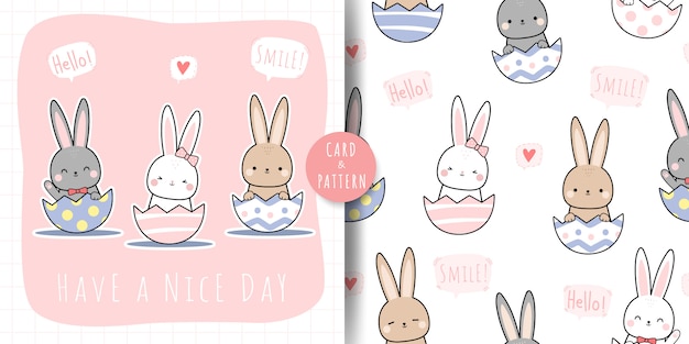 Cute rabbit bunny on egg cartoon doodle seamless pattern and card bundle