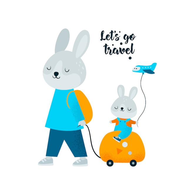 Cute rabbit bunny with bag go to summer travel weekend