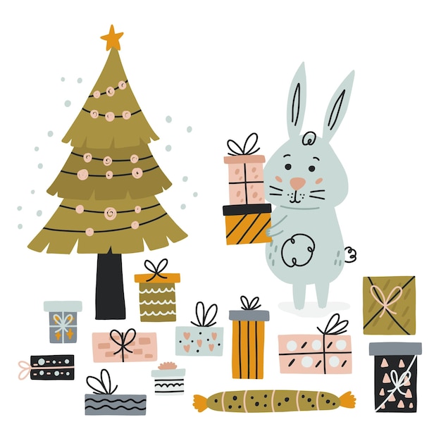 Cute rabbit by the christmas tree with gifts