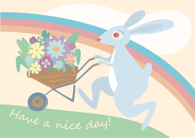 Cute rabbit carrying flowers