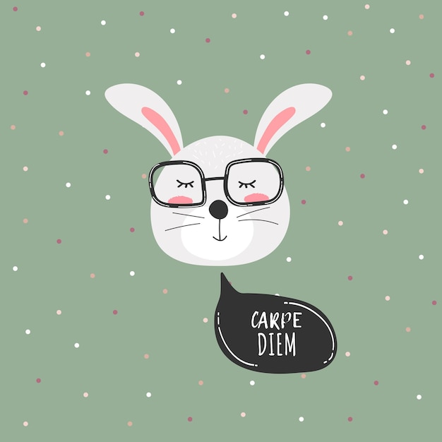 Vector cute rabbit cartoon animal white funny hare with glasses handdrawn with the inscription carpe diem