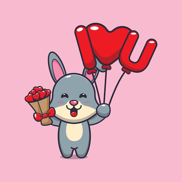 cute rabbit cartoon character holding love balloon and love flowers