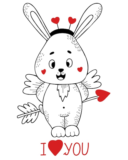 Cute rabbit character cupid with wings and an arrow with heart Linear doodle