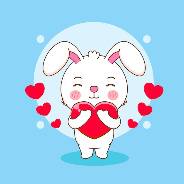 Cute rabbit character hugging love heart cartoon illustration