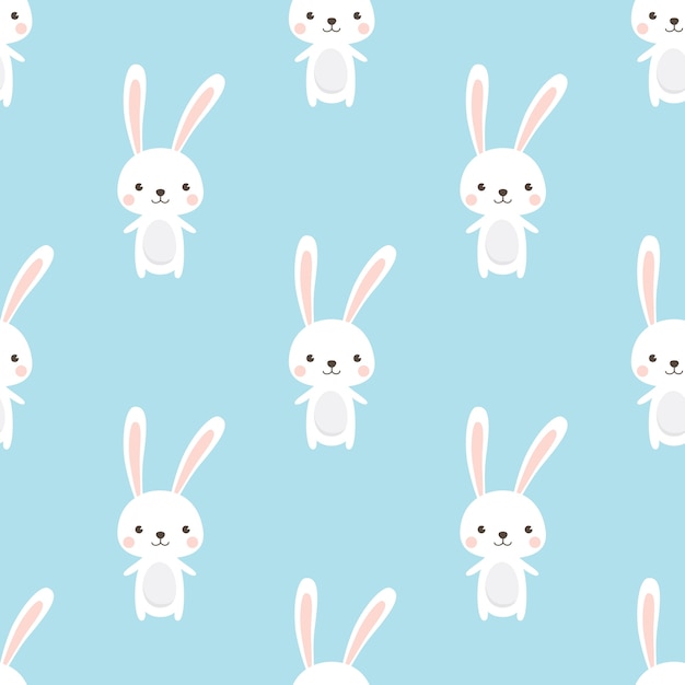 Cute rabbit character seamless pattern on sky blue background