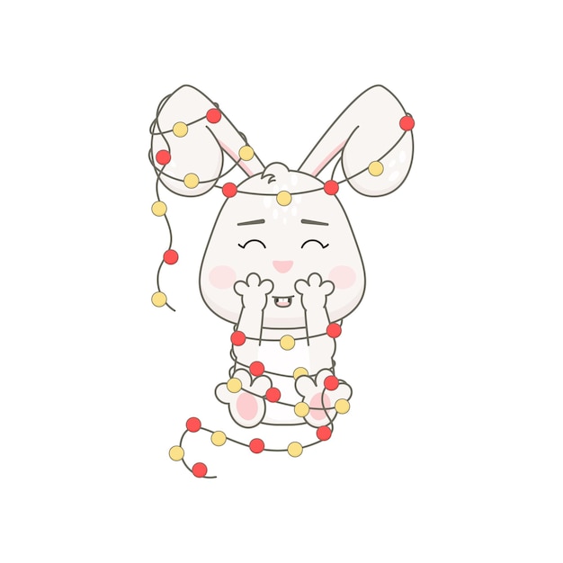 Cute rabbit character with garland isolated on white