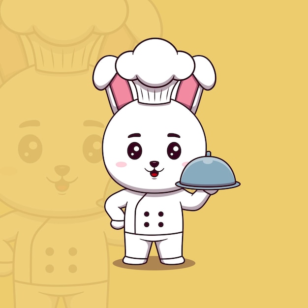 Cute rabbit chef holding restaurant cloche