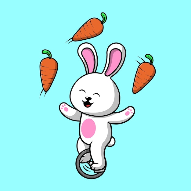 Vector cute rabbit circus playing carrot with unicycle cartoon vector icons illustration