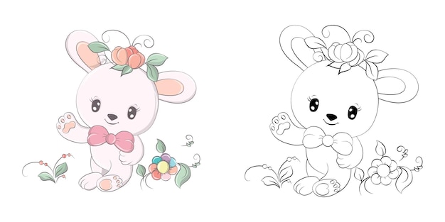 Cute rabbit clipart for coloring page and illustration.  happy bunny illustration with flowers