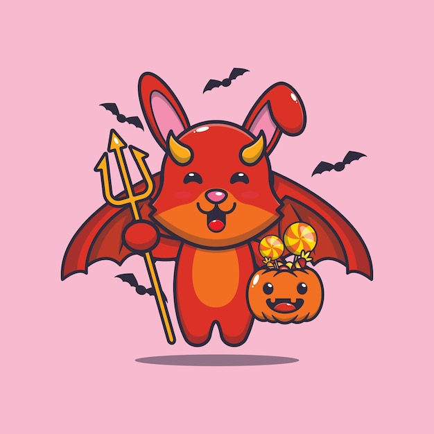 Simpatico coniglio diavolo che trasporta zucca halloween carino halloween fumetto illustrazione