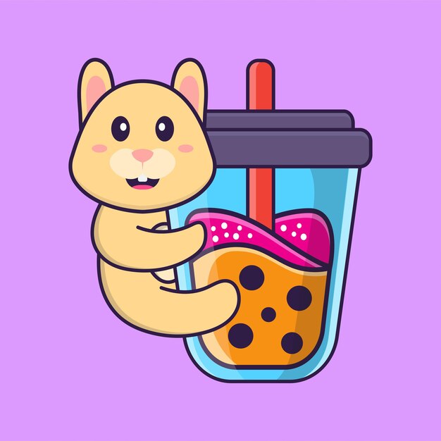 Cute rabbit drinking boba milk tea. animal cartoon concept isolated.  flat cartoon style