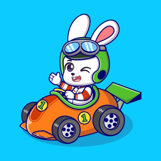 Милый кролик за рулем гоночного автомобиля мультяшный векторная иконка