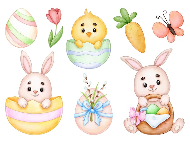 Vettore coniglio carino e clipart dell'acquerello di pasqua