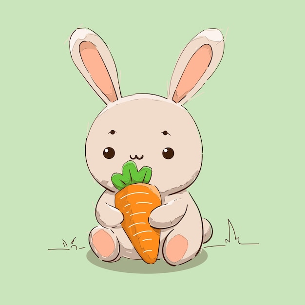 Vector cute rabbit eating carrot in vector cartoon illustration