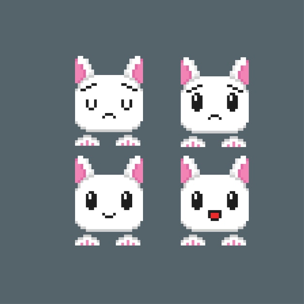 cute rabbit emoticon set in pixel art style