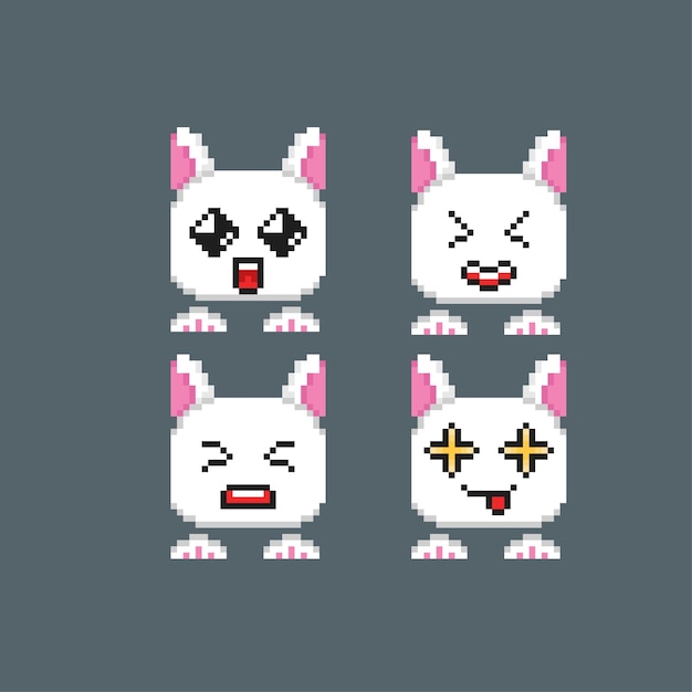 cute rabbit emoticon set in pixel art style