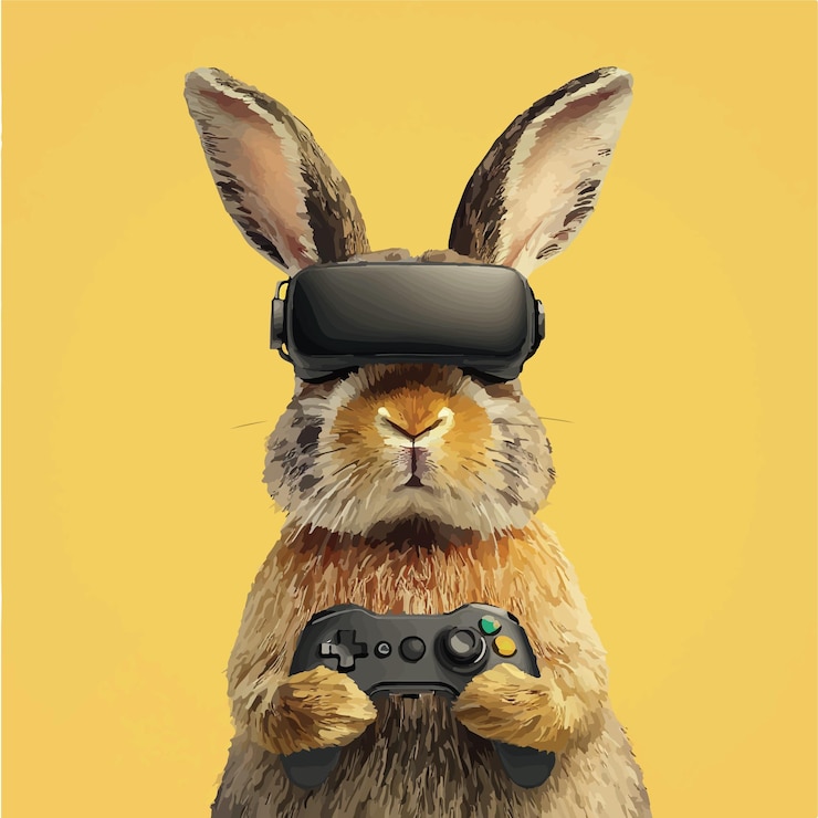 Vector cute rabbit enjoying a vr gaming adventure