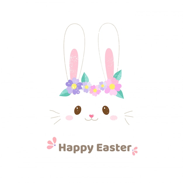 Vector cute rabbit face with flowers easter banner hand drawn style.