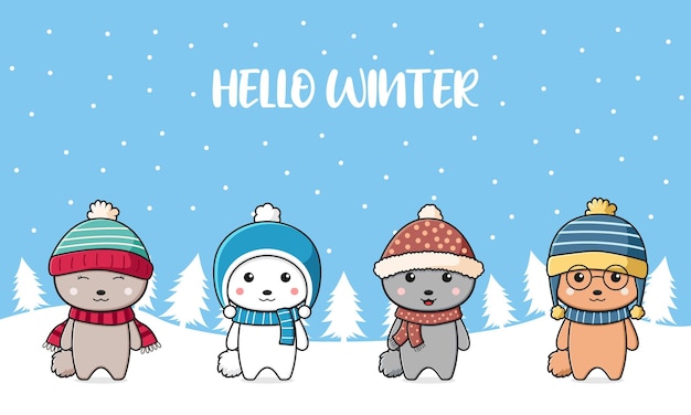 Cute rabbit family greeting hello winter cartoon doodle card background illustration