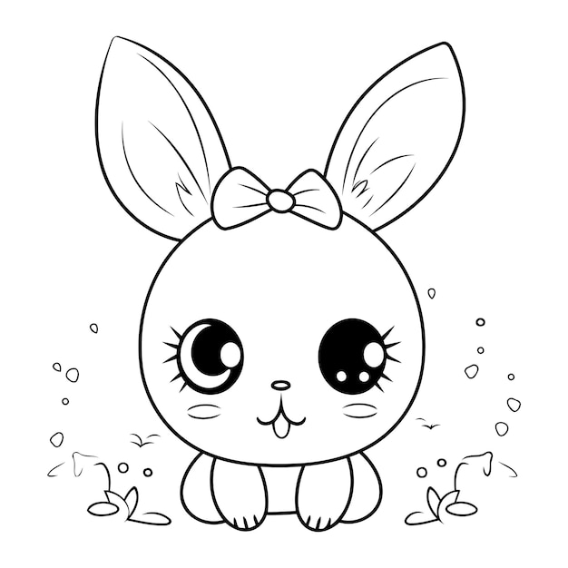 cute rabbit female with bow ribbon cartoon vector illustration graphic design in black and white