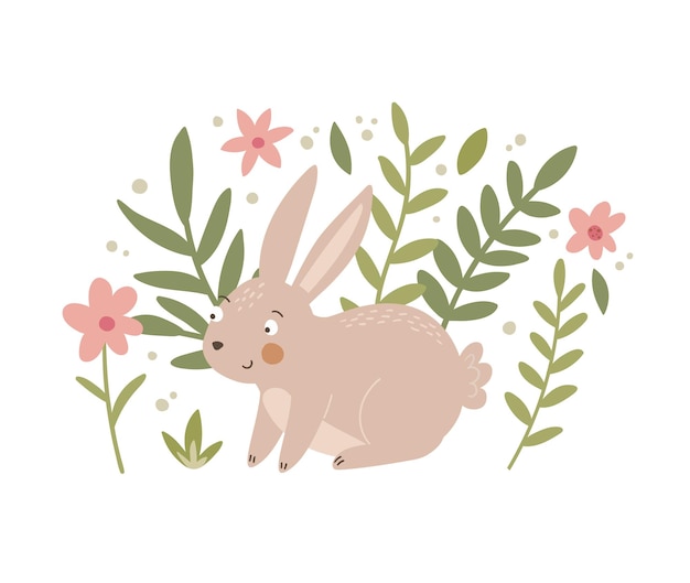 Cute rabbit flowers. hand drawn bunny illustration. kids animal print