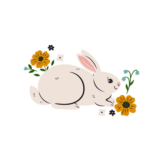 귀여운 토끼와 꽃 흰색 배경 벡터 그래픽에 고립
