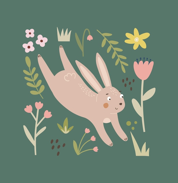 Cute rabbit, flowers and leafs. Hand drawn bunny illustration. Kids animal print