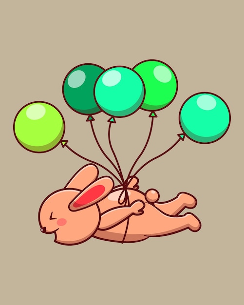 Милый кролик, летящий с воздушным шаром, векторная иконка иллюстрации животного каваи