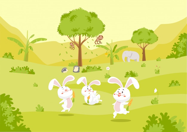 Vector cute rabbit and friends in nature