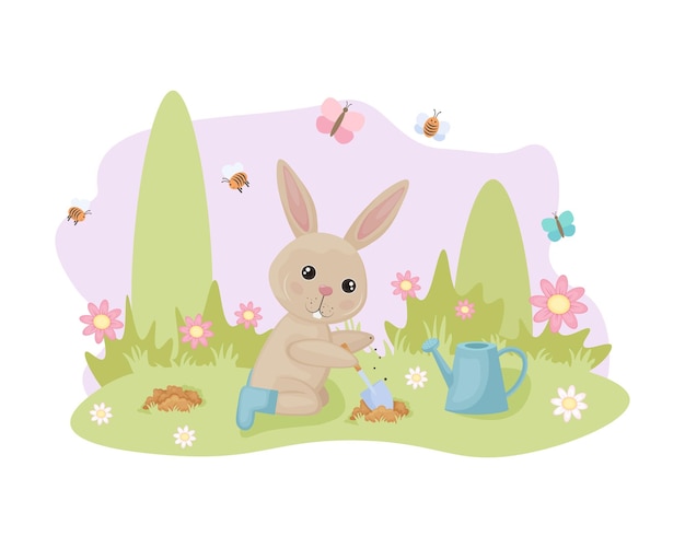 Cute rabbit in the garden the image of a rabbit who digs in the garden a hare plants vegetables agai