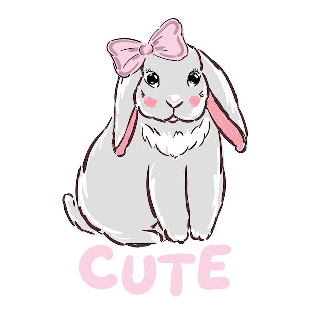 Cute rabbit girl with bow and pink slogan cute vector illustration for print on tshirt and other uses