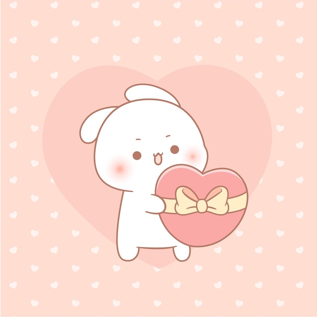 Cute rabbit giving gift love happy valentine's day cartoon character illustration