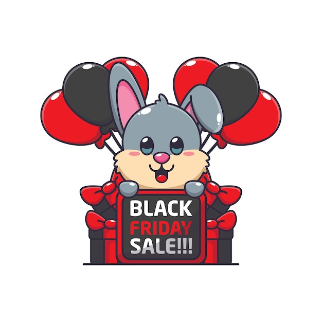 Vector cute rabbit happy in black friday sale cartoon vector illustration