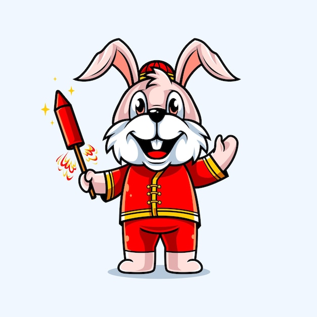 cute rabbit holding firework in chinese costume vector illustration