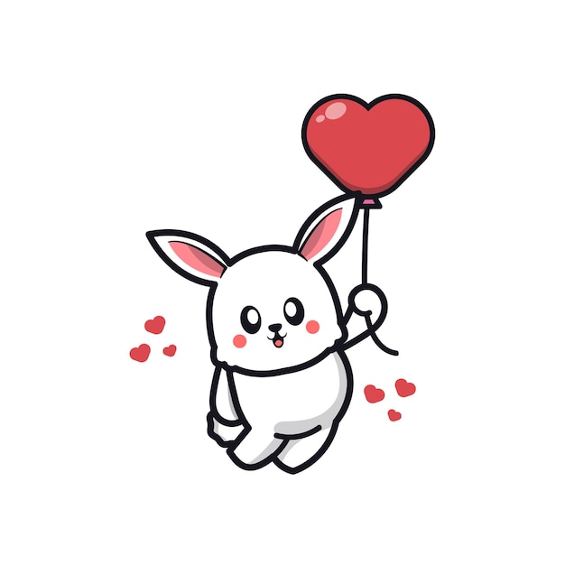 Cute rabbit holding love balloon cartoon icon illustration