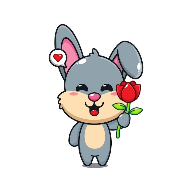 cute rabbit holding rose flower cartoon vector illustration